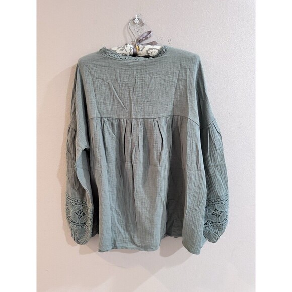 Revolve AndTheWhy Lace Detailed Gauzey V Neck Blouse Top Large Sage Green NWT - Picture 7 of 7